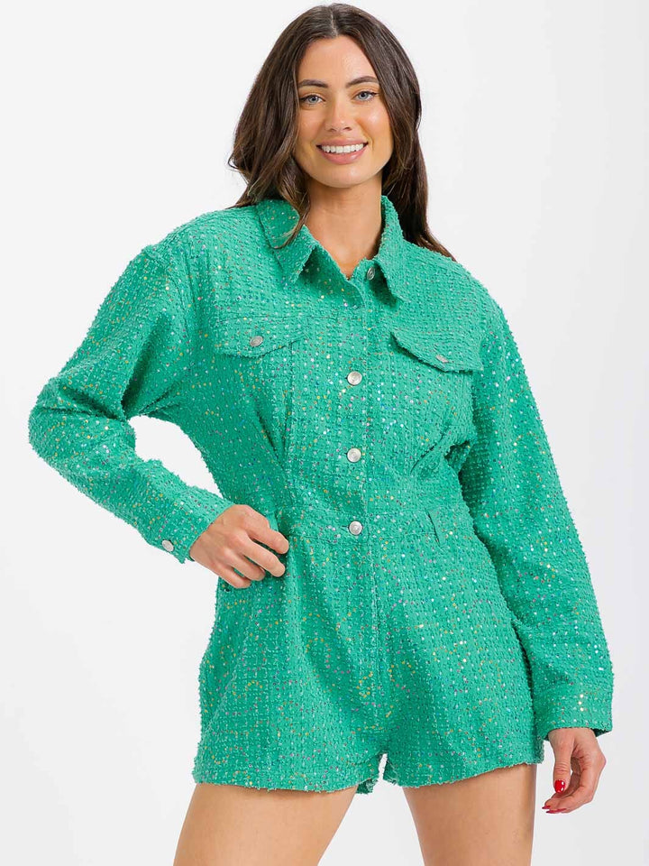 WOMEN'S LONG SLEEVE BUTTON UP FRONT POCKETS TWILL ROMPER