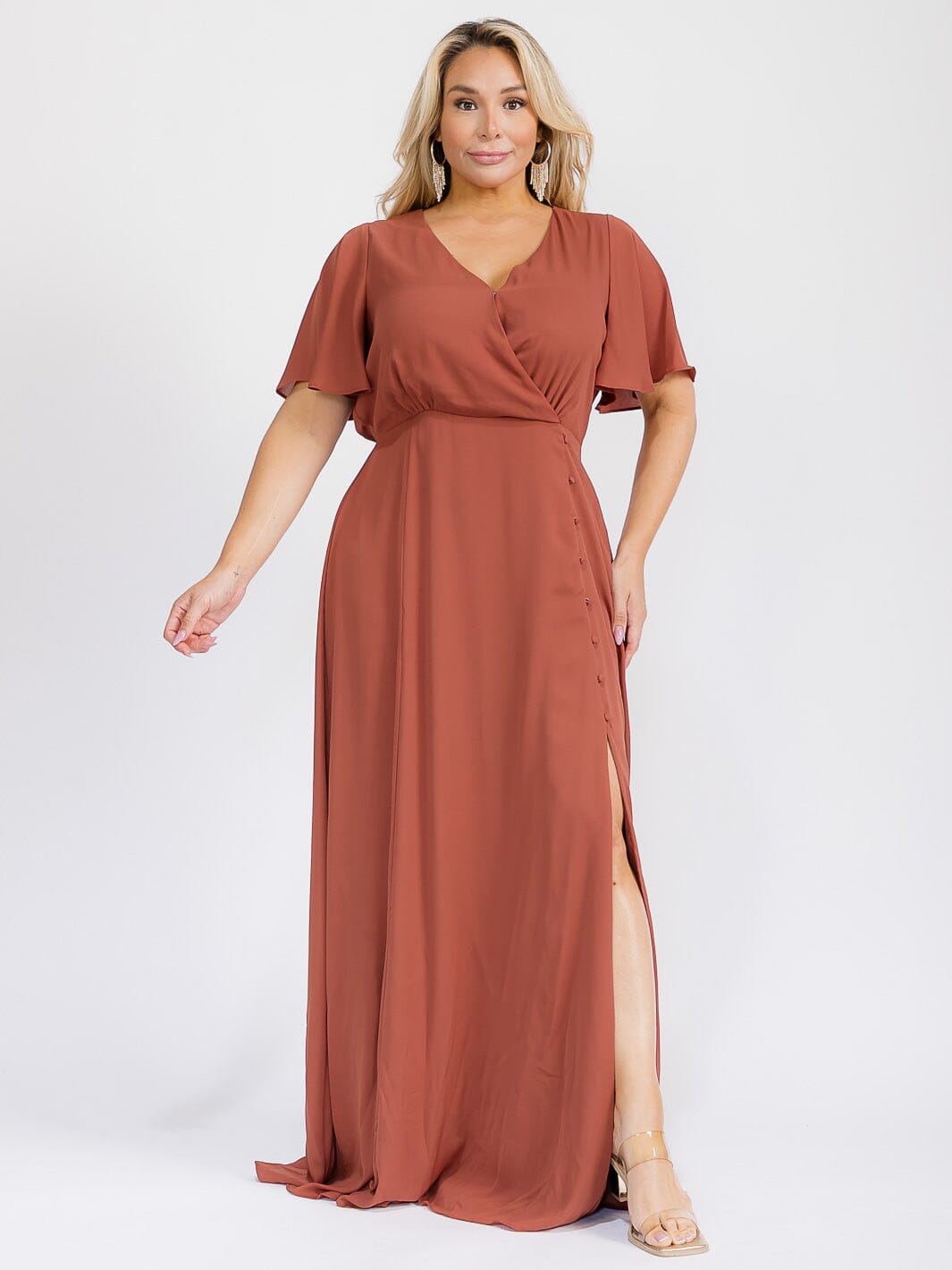 PUS SIZE SHORT SLEEVE V-NECK SURPLICE FRONT SLIT MAXI GOWN DRESS