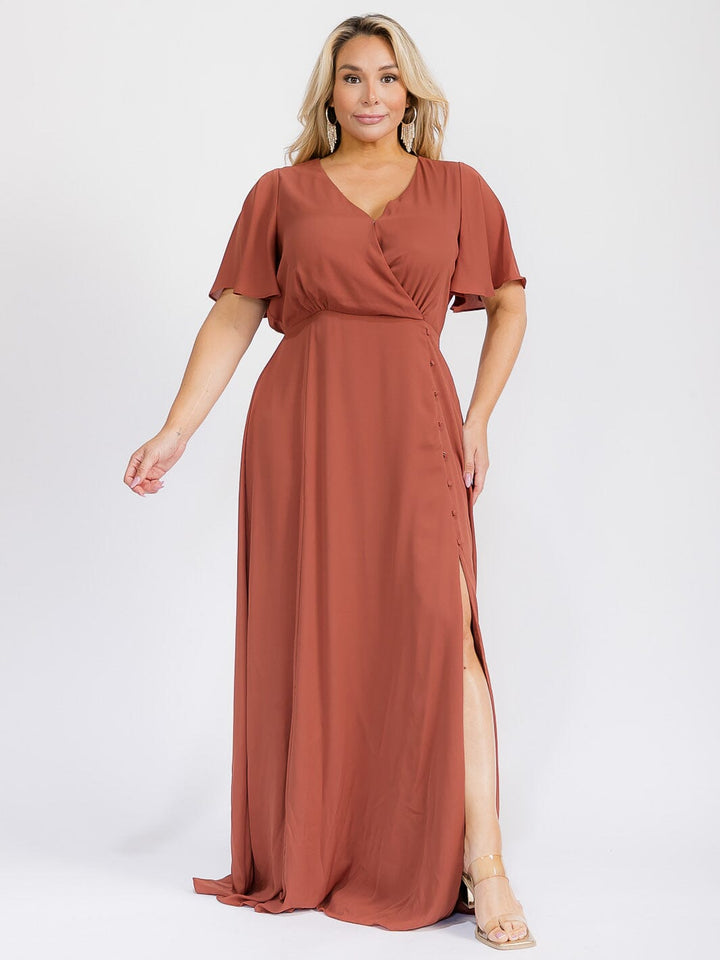 PUS SIZE SHORT SLEEVE V-NECK SURPLICE FRONT SLIT MAXI GOWN DRESS