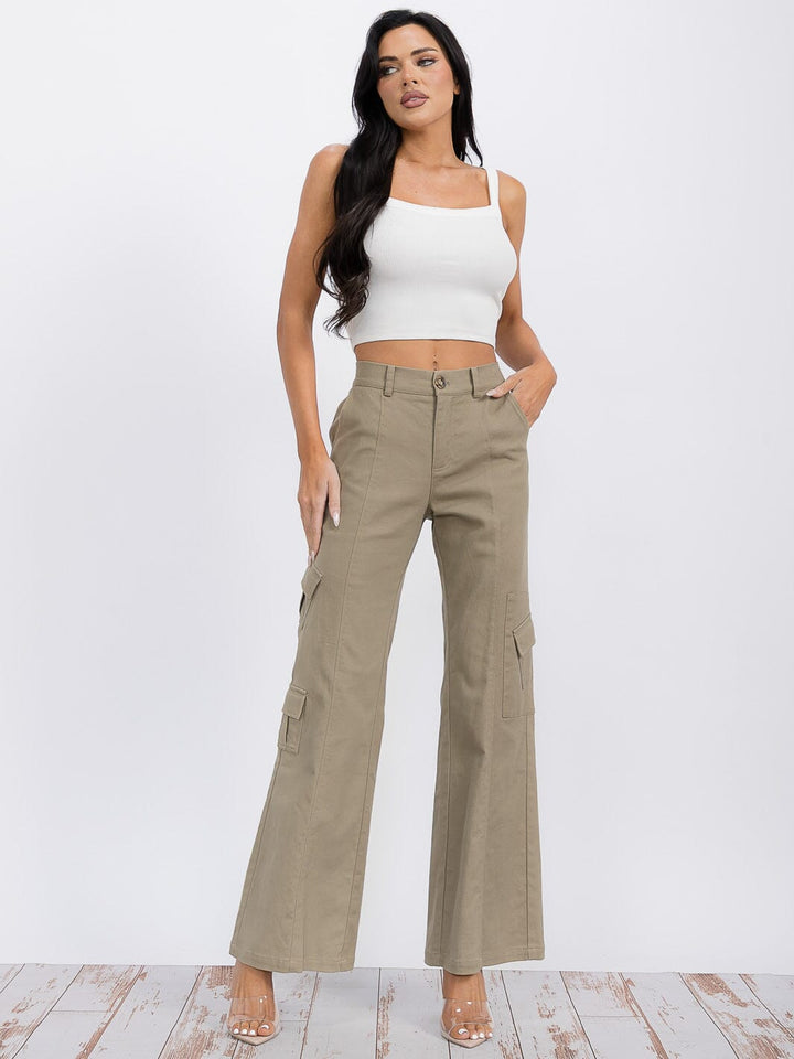 WOMEN'S BUTTON CLOSURE CARGO POCKETS WIDE LEG DENIM PANTS