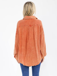 WOMEN'S LONG SLEEVE BUTTON UP FRONT POCKETS WASHED OVERSIZED SHIRT