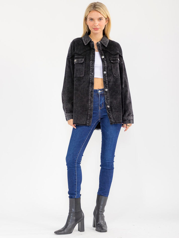 WOMEN'S LONG SLEEVE BUTTON CLOSURE FRONT POCKETS CORDUROY JACKET