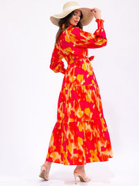 WOMEN'S LONG SLEEVE BUTTON UP POCKETS TIERED COLORBLOCK MAXI DRESS