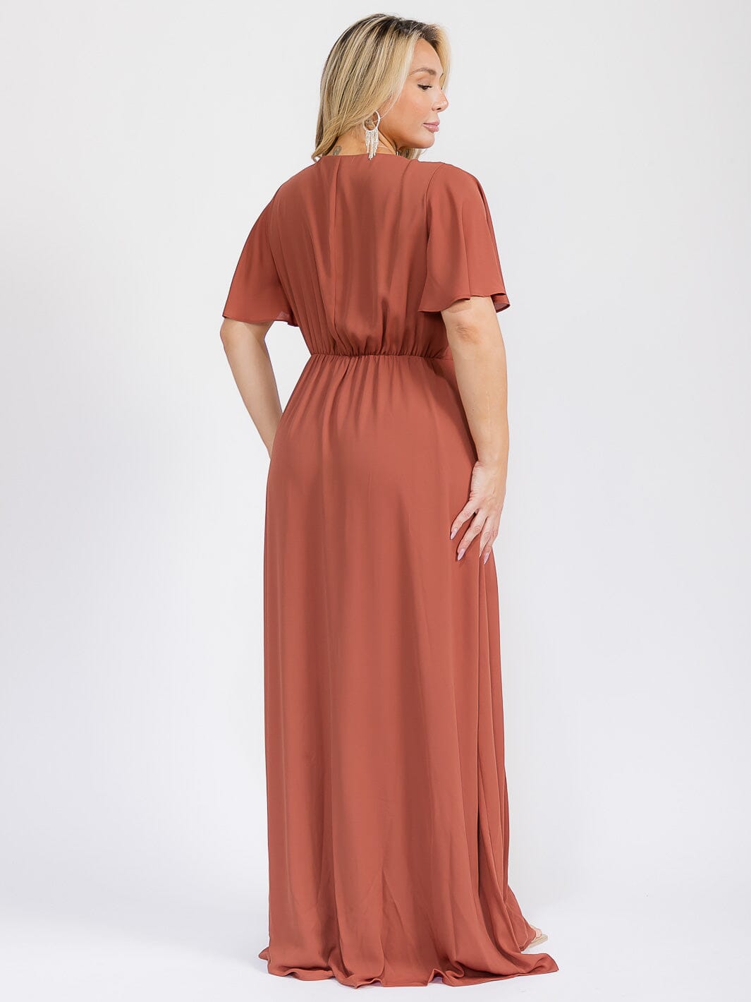 PUS SIZE SHORT SLEEVE V-NECK SURPLICE FRONT SLIT MAXI GOWN DRESS