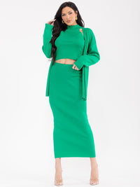 WOMEN'S LONG SLEEVE CARDIGAN WITH TANK TOP & ELASTIC WAIST MACI SKIRT RIBBED 3PC. SET