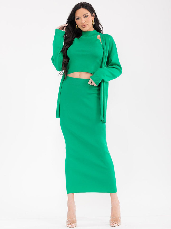 WOMEN'S LONG SLEEVE CARDIGAN WITH TANK TOP & ELASTIC WAIST MACI SKIRT RIBBED 3PC. SET