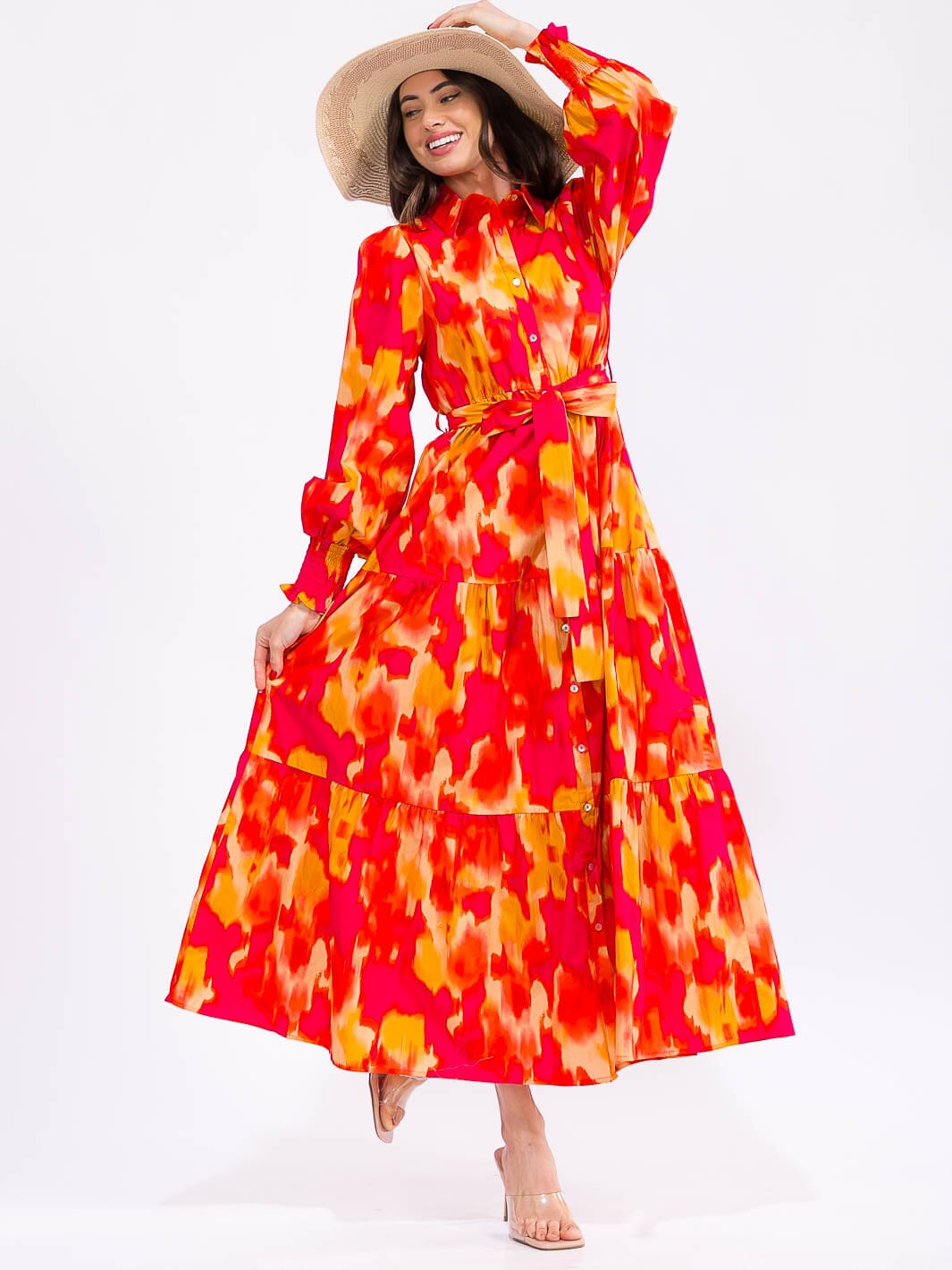 WOMEN'S LONG SLEEVE BUTTON UP POCKETS TIERED COLORBLOCK MAXI DRESS