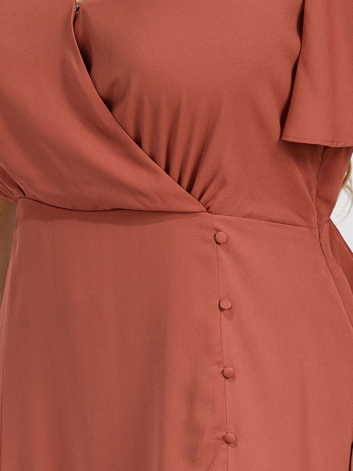 PUS SIZE SHORT SLEEVE V-NECK SURPLICE FRONT SLIT MAXI GOWN DRESS