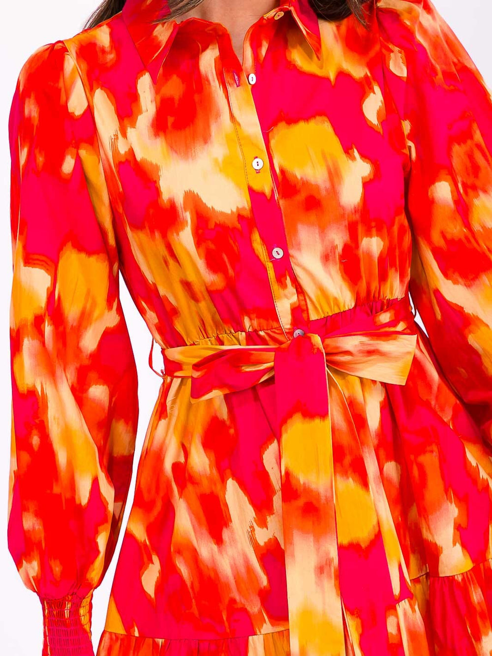 WOMEN'S LONG SLEEVE BUTTON UP POCKETS TIERED COLORBLOCK MAXI DRESS
