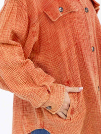 WOMEN'S LONG SLEEVE BUTTON UP FRONT POCKETS WASHED OVERSIZED SHIRT