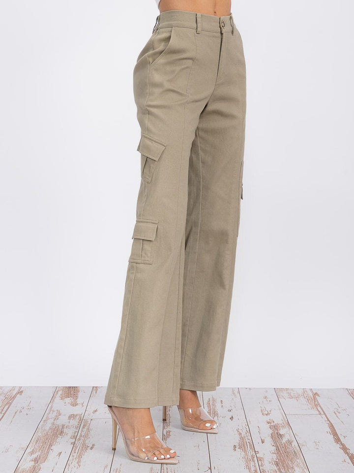 WOMEN'S BUTTON CLOSURE CARGO POCKETS WIDE LEG DENIM PANTS
