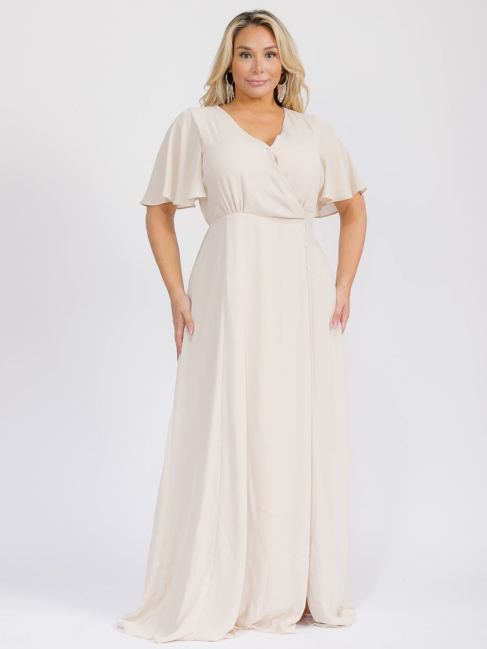 PUS SIZE SHORT SLEEVE V-NECK SURPLICE FRONT SLIT MAXI GOWN DRESS