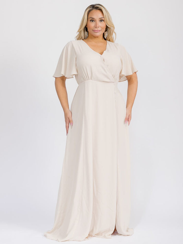 PUS SIZE SHORT SLEEVE V-NECK SURPLICE FRONT SLIT MAXI GOWN DRESS