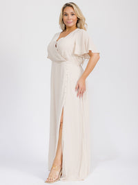 PUS SIZE SHORT SLEEVE V-NECK SURPLICE FRONT SLIT MAXI GOWN DRESS