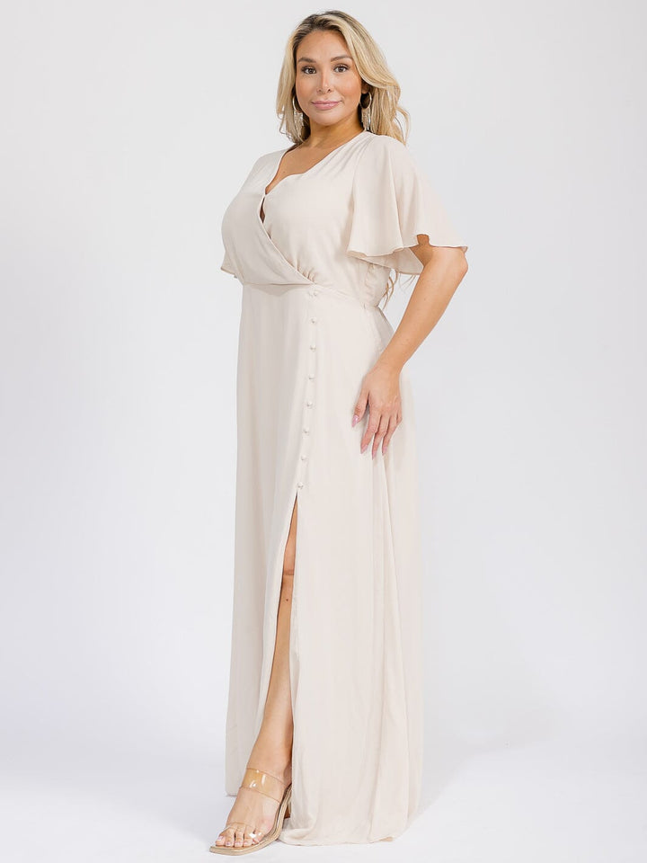 PUS SIZE SHORT SLEEVE V-NECK SURPLICE FRONT SLIT MAXI GOWN DRESS