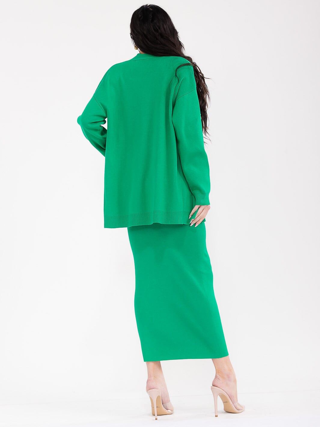 WOMEN'S LONG SLEEVE CARDIGAN WITH TANK TOP & ELASTIC WAIST MACI SKIRT RIBBED 3PC. SET