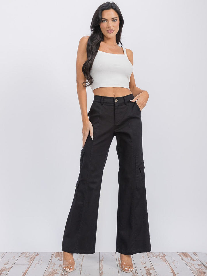 WOMEN'S BUTTON CLOSURE CARGO POCKETS WIDE LEG DENIM PANTS