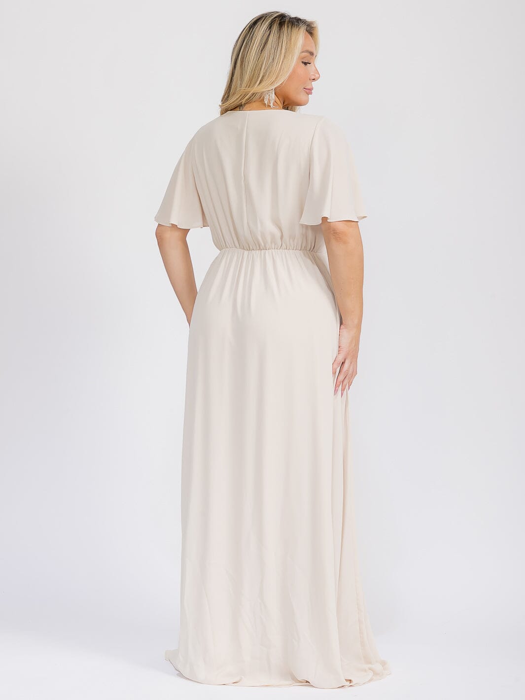 PUS SIZE SHORT SLEEVE V-NECK SURPLICE FRONT SLIT MAXI GOWN DRESS