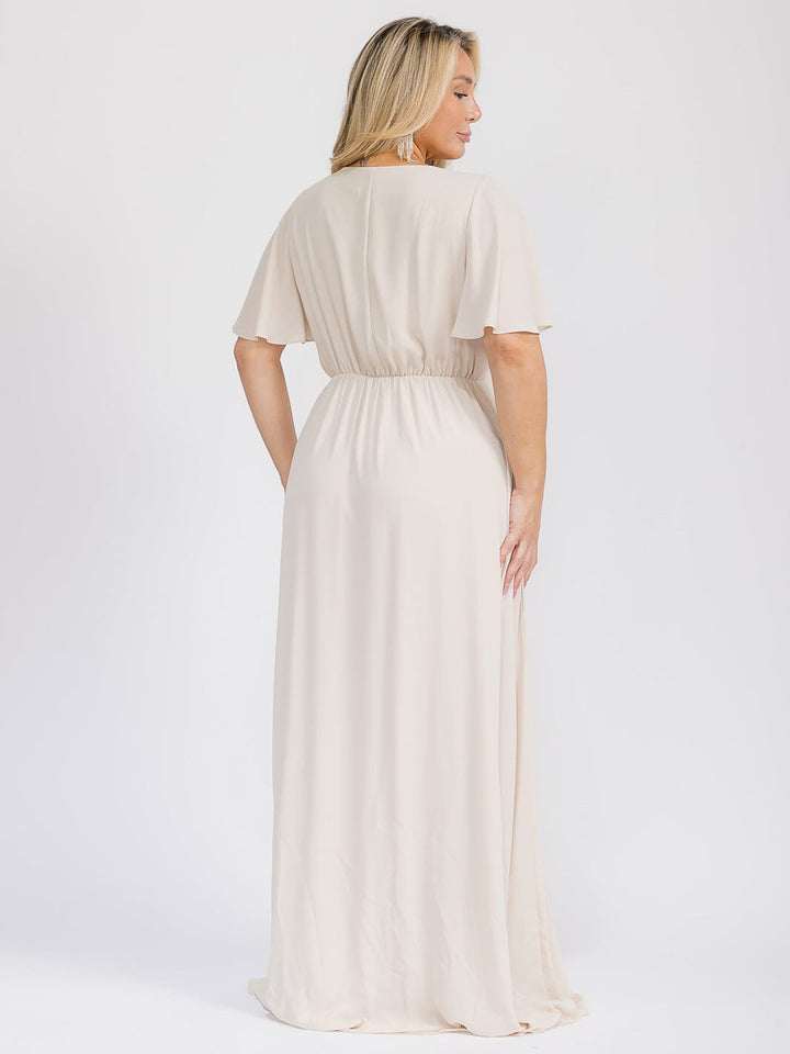 PUS SIZE SHORT SLEEVE V-NECK SURPLICE FRONT SLIT MAXI GOWN DRESS