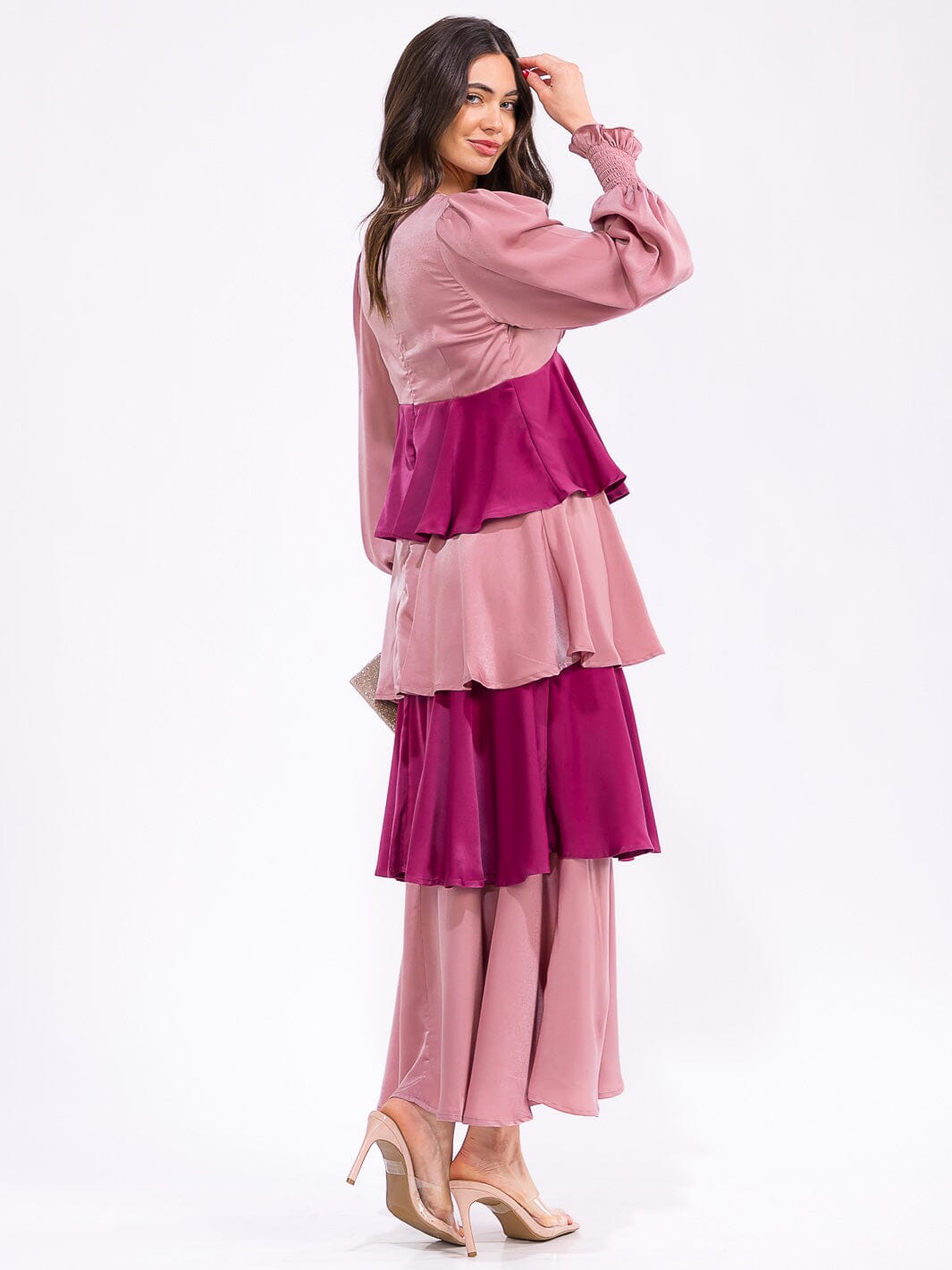 WOMEN'S LONG SLEEVE V-NECK RUFFLE TIERED COLORBLOCK MAXI DRESS