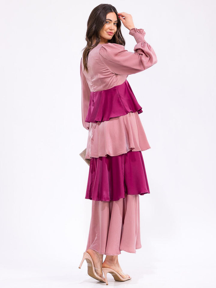 WOMEN'S LONG SLEEVE V-NECK RUFFLE TIERED COLORBLOCK MAXI DRESS