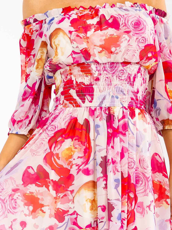 WOMEN'S SHORT PUFF SLEEVE SMOCK WAIST FLORAL MAXI DRESS