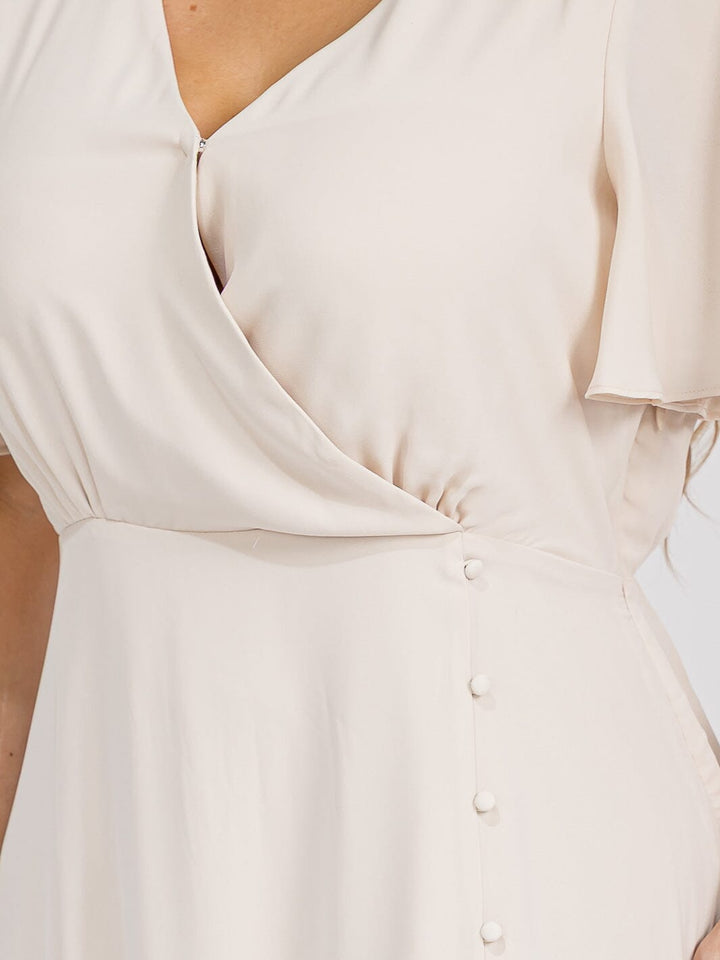 PUS SIZE SHORT SLEEVE V-NECK SURPLICE FRONT SLIT MAXI GOWN DRESS