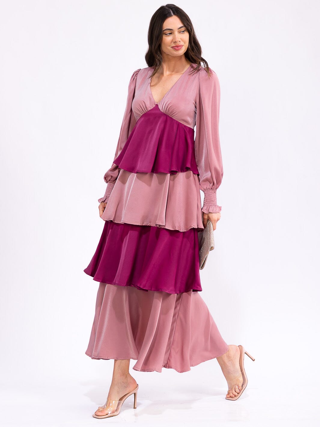 WOMEN'S LONG SLEEVE V-NECK RUFFLE TIERED COLORBLOCK MAXI DRESS