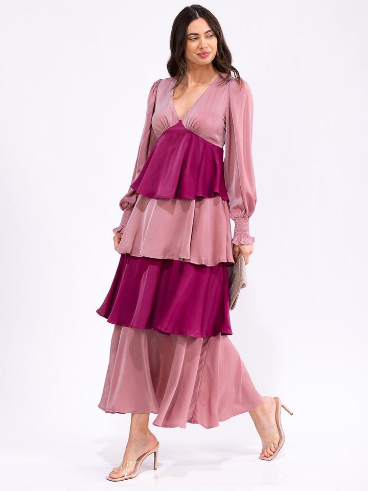 WOMEN'S LONG SLEEVE V-NECK RUFFLE TIERED COLORBLOCK MAXI DRESS