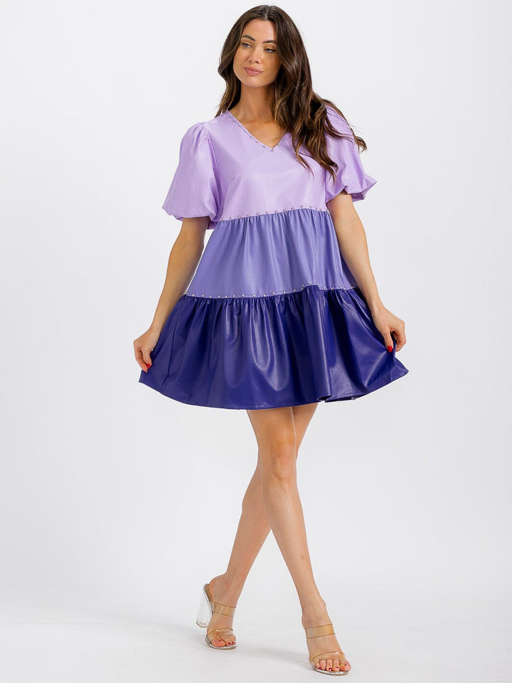 WOMEN'S SHORT SLEEVE V-NECK TIERED COLORBLOCK PU PLEATHER TUNIC MINI DRESS