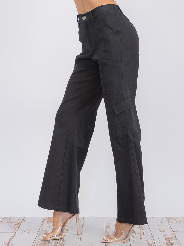 WOMEN'S BUTTON CLOSURE CARGO POCKETS WIDE LEG DENIM PANTS
