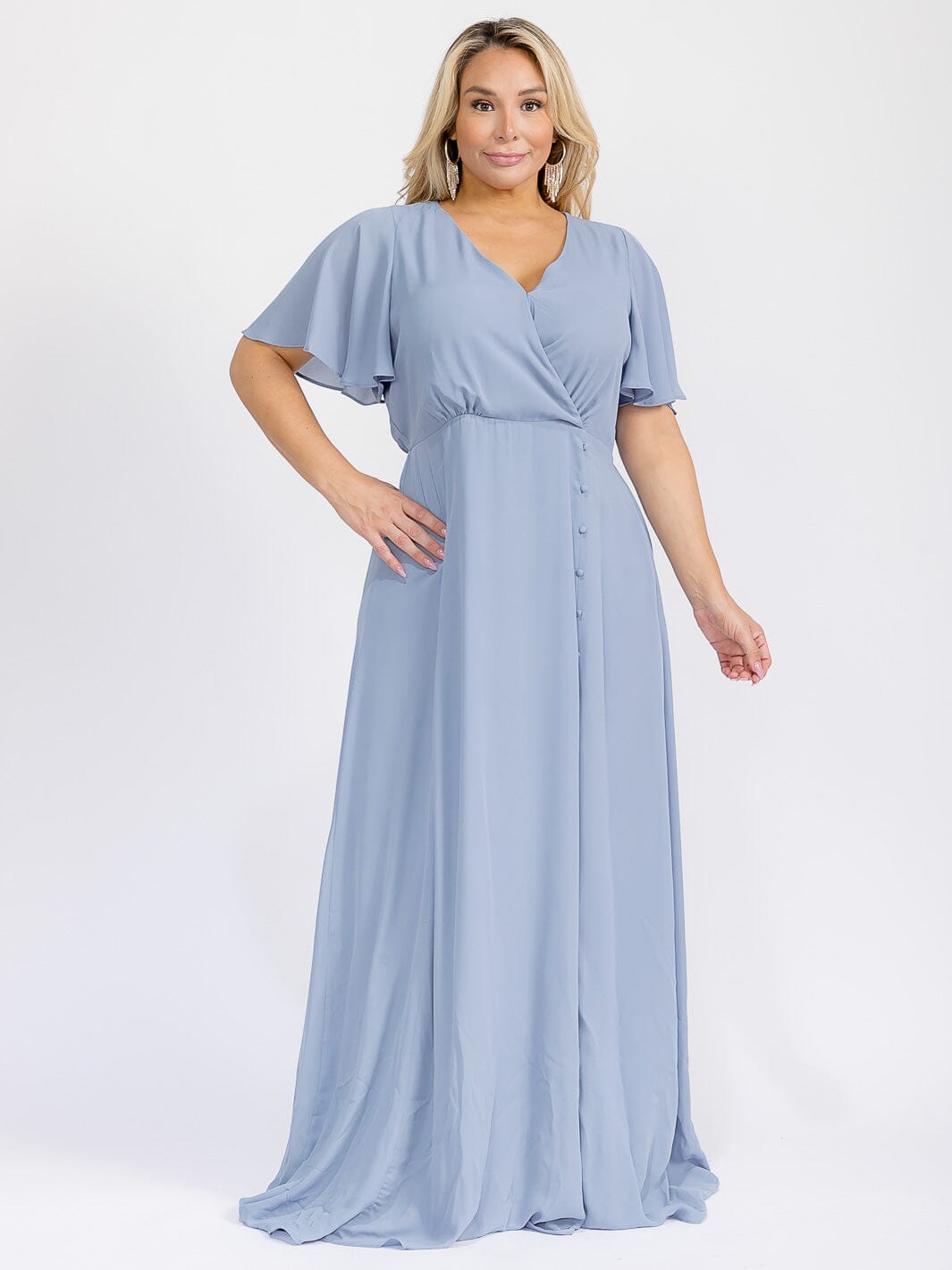 PUS SIZE SHORT SLEEVE V-NECK SURPLICE FRONT SLIT MAXI GOWN DRESS