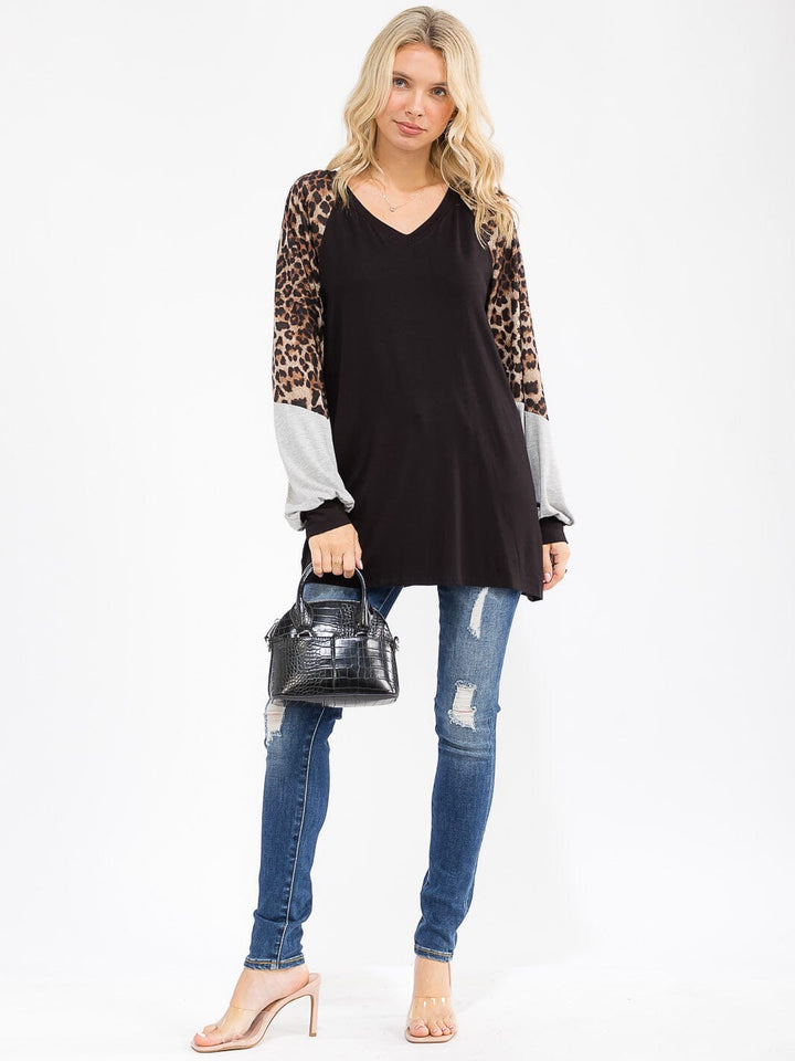 WOMEN'S LONG SLEEVE ANIMAL PRINT COLORBLOCK V-NECK TUNIC TOP
