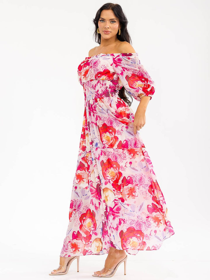 WOMEN'S SHORT PUFF SLEEVE SMOCK WAIST FLORAL MAXI DRESS