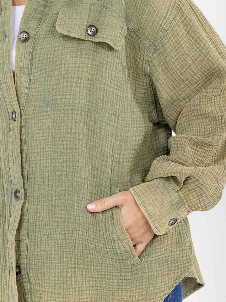 WOMEN'S LONG SLEEVE BUTTON UP FRONT POCKETS WASHED OVERSIZED SHIRT