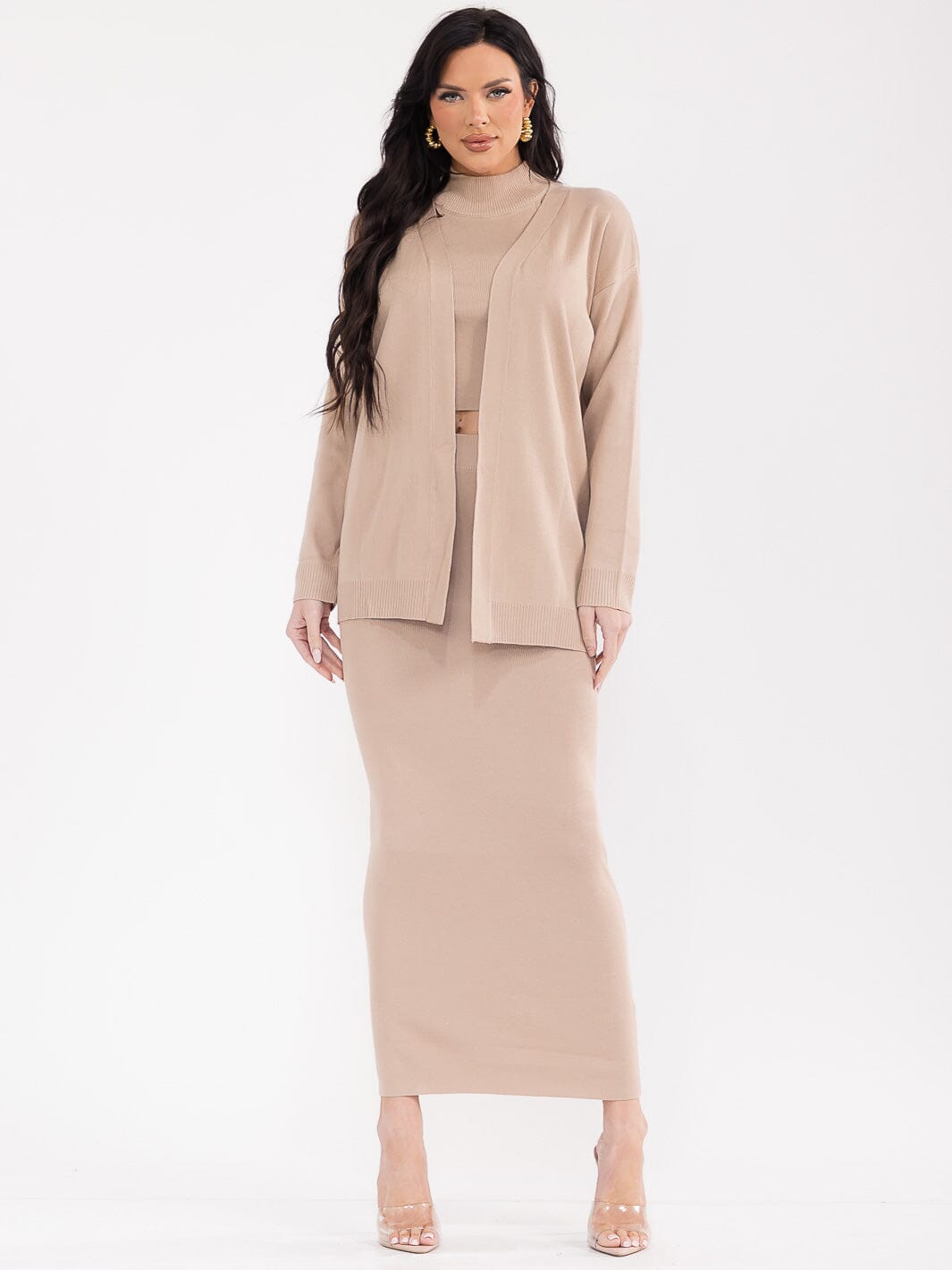 WOMEN'S LONG SLEEVE CARDIGAN WITH TANK TOP & ELASTIC WAIST MACI SKIRT RIBBED 3PC. SET