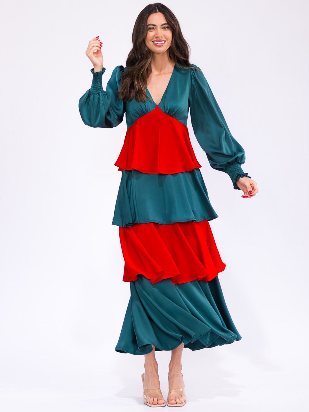 WOMEN'S LONG SLEEVE V-NECK RUFFLE TIERED COLORBLOCK MAXI DRESS Wholesalefashiontrends.com WOMEN'S LONG SLEEVE V-NECK RUFFLE TIERED COLORBLOCK MAXI DRESS Wholesalefashiontrends.com