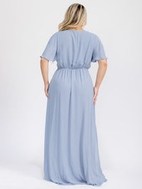 PUS SIZE SHORT SLEEVE V-NECK SURPLICE FRONT SLIT MAXI GOWN DRESS