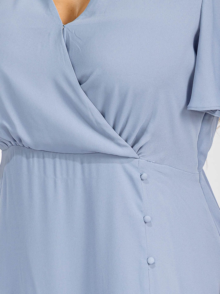 PUS SIZE SHORT SLEEVE V-NECK SURPLICE FRONT SLIT MAXI GOWN DRESS