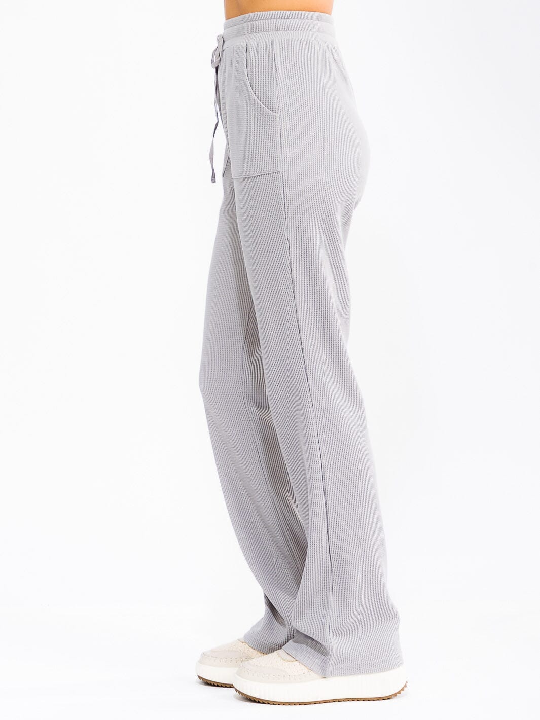 WOMEN'S ELASTIC WAIST SELF TIE POCKETS WAFFLE BELL LEG PANTS