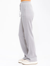 WOMEN'S ELASTIC WAIST SELF TIE POCKETS WAFFLE BELL LEG PANTS