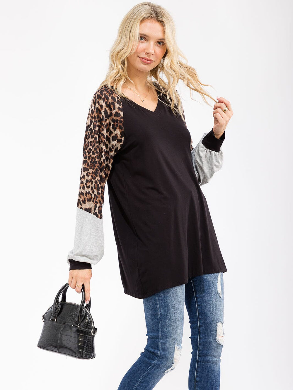 WOMEN'S LONG SLEEVE ANIMAL PRINT COLORBLOCK V-NECK TUNIC TOP