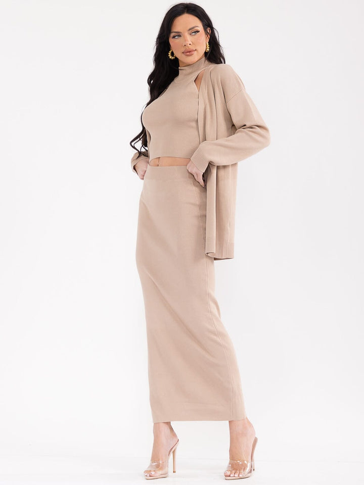 WOMEN'S LONG SLEEVE CARDIGAN WITH TANK TOP & ELASTIC WAIST MACI SKIRT RIBBED 3PC. SET