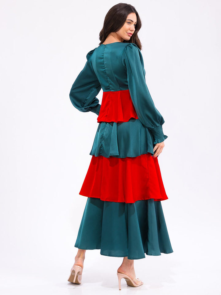 WOMEN'S LONG SLEEVE V-NECK RUFFLE TIERED COLORBLOCK MAXI DRESS