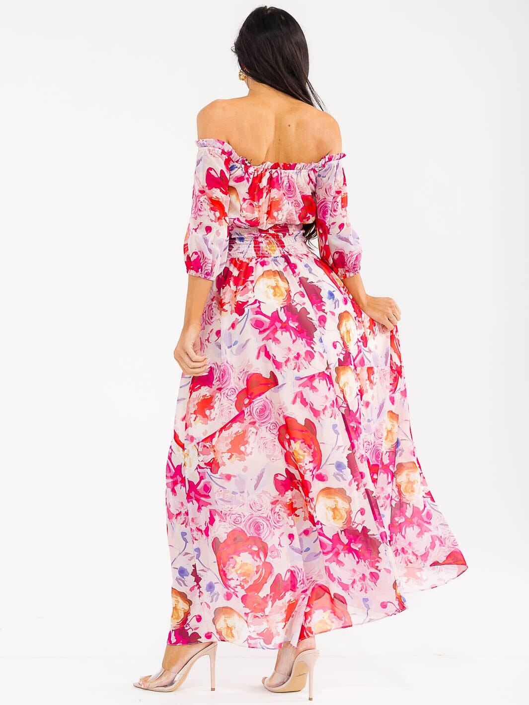 WOMEN'S SHORT PUFF SLEEVE SMOCK WAIST FLORAL MAXI DRESS