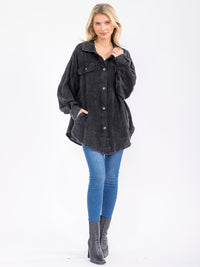 WOMEN'S LONG SLEEVE BUTTON UP FRONT POCKETS WASHED OVERSIZED SHIRT