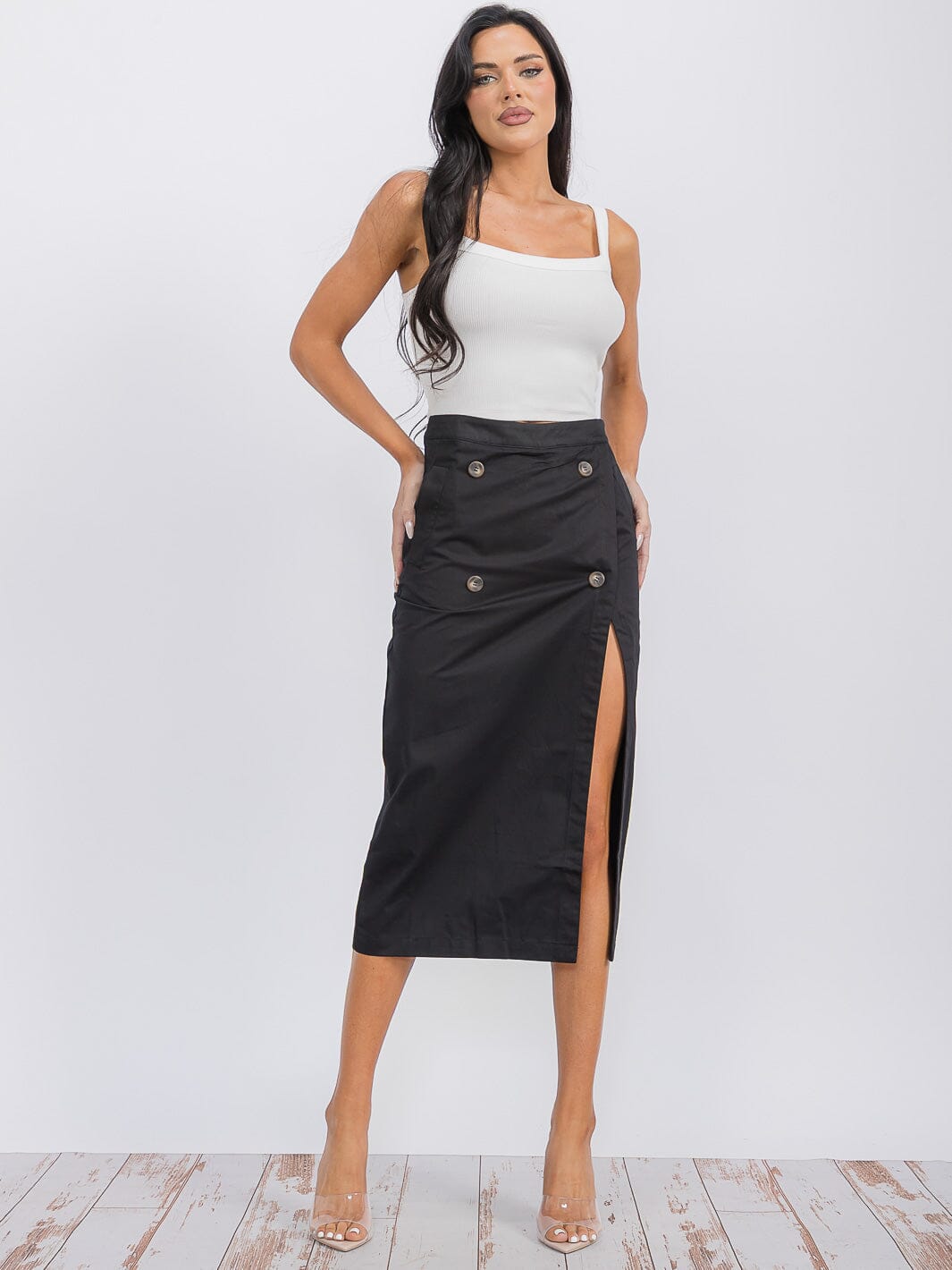 WOMEN'S ZIPPER CLOSURE SLIT POCKETS MIDI SKIRT