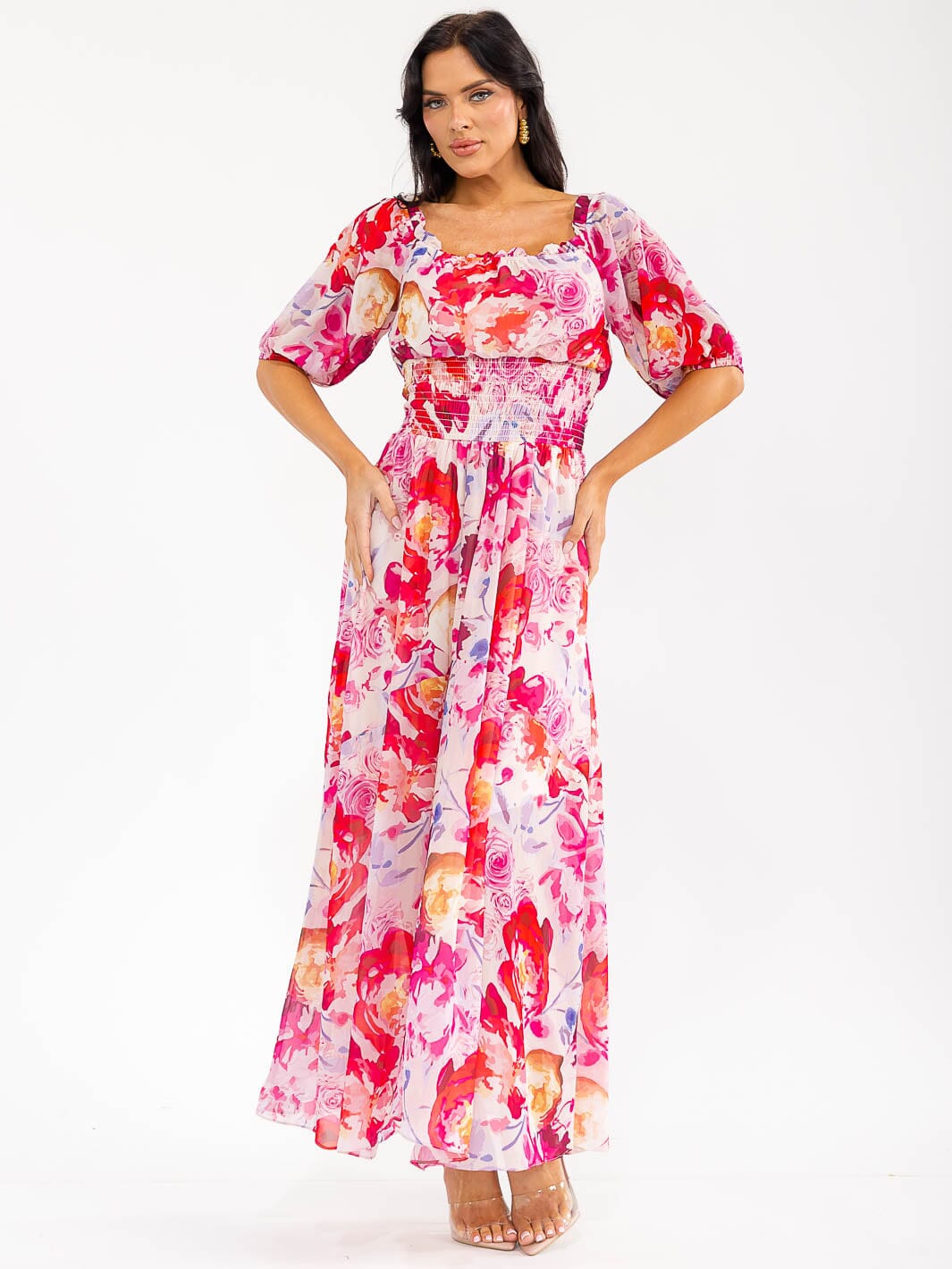 WOMEN'S SHORT PUFF SLEEVE SMOCK WAIST FLORAL MAXI DRESS