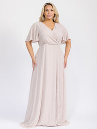 PUS SIZE SHORT SLEEVE V-NECK SURPLICE FRONT SLIT MAXI GOWN DRESS
