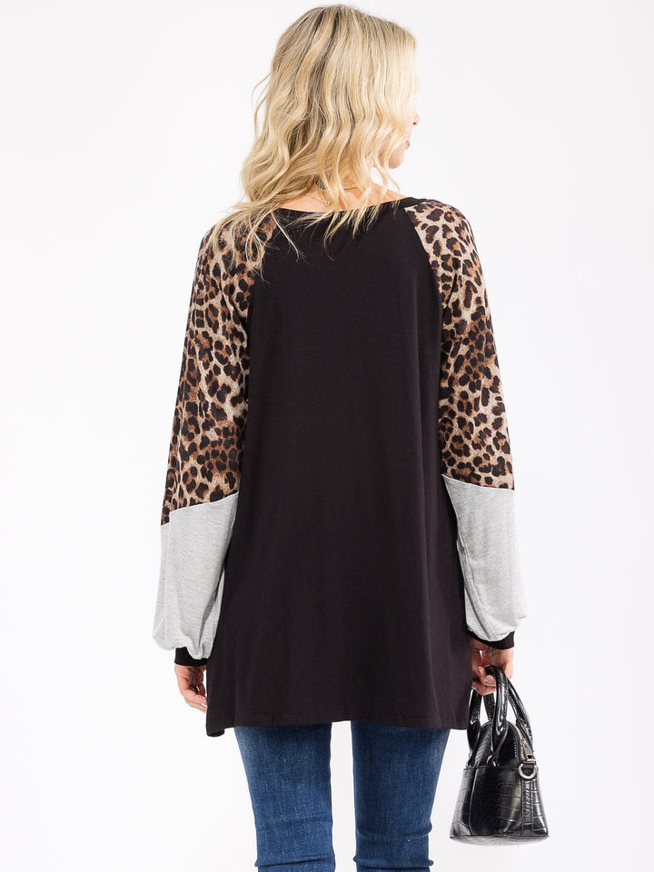 WOMEN'S LONG SLEEVE ANIMAL PRINT COLORBLOCK V-NECK TUNIC TOP